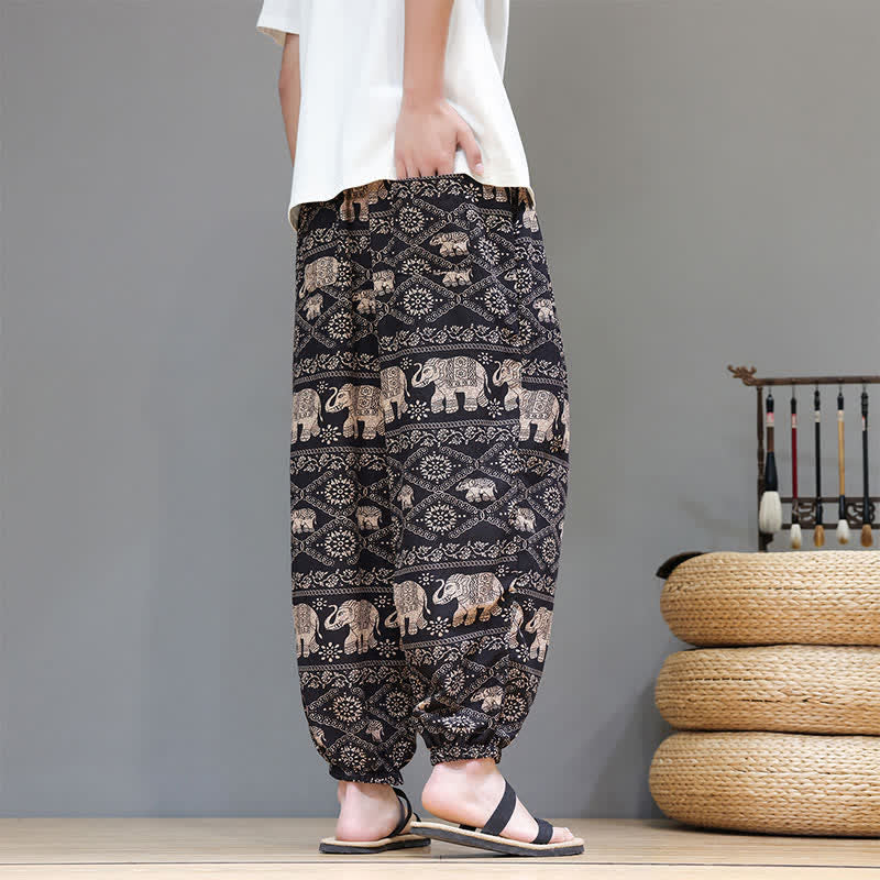 Buddha Stones Lässige Sommer-Boho-Haremshose mit Kordelzug, geometrischem Elefantenblattmuster und Taschen für Herren - image 26