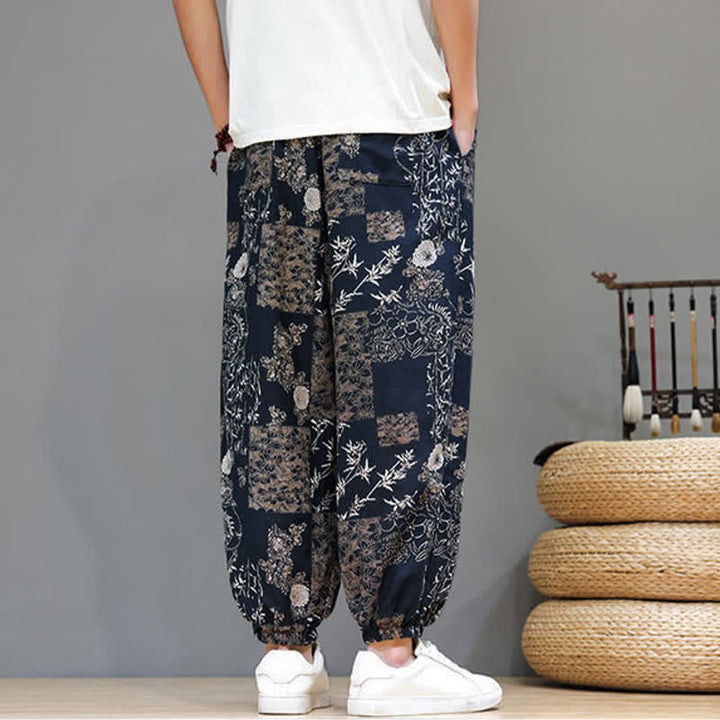 Buddha Stones Lässige Sommer-Boho-Haremshose mit Kordelzug, geometrischem Elefantenblattmuster und Taschen für Herren - image 18