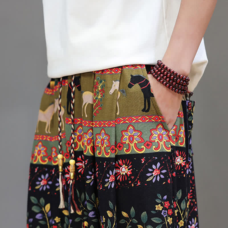 Buddha Stones Lässige Sommer-Boho-Haremshose mit Kordelzug, geometrischem Elefantenblattmuster und Taschen für Herren - image 38