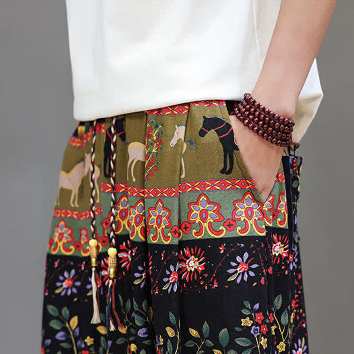Buddha Stones Lässige Sommer-Boho-Haremshose mit Kordelzug, geometrischem Elefantenblattmuster und Taschen für Herren - image 38