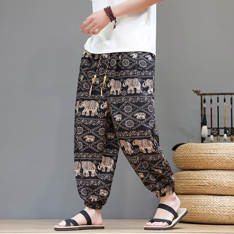 Buddha Stones Lässige Sommer-Boho-Haremshose mit Kordelzug, geometrischem Elefantenblattmuster und Taschen für Herren - image 28