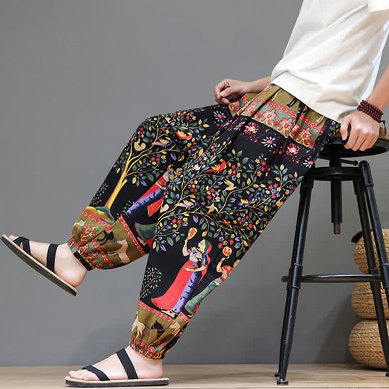 Buddha Stones Lässige Sommer-Boho-Haremshose mit Kordelzug, geometrischem Elefantenblattmuster und Taschen für Herren - image 37