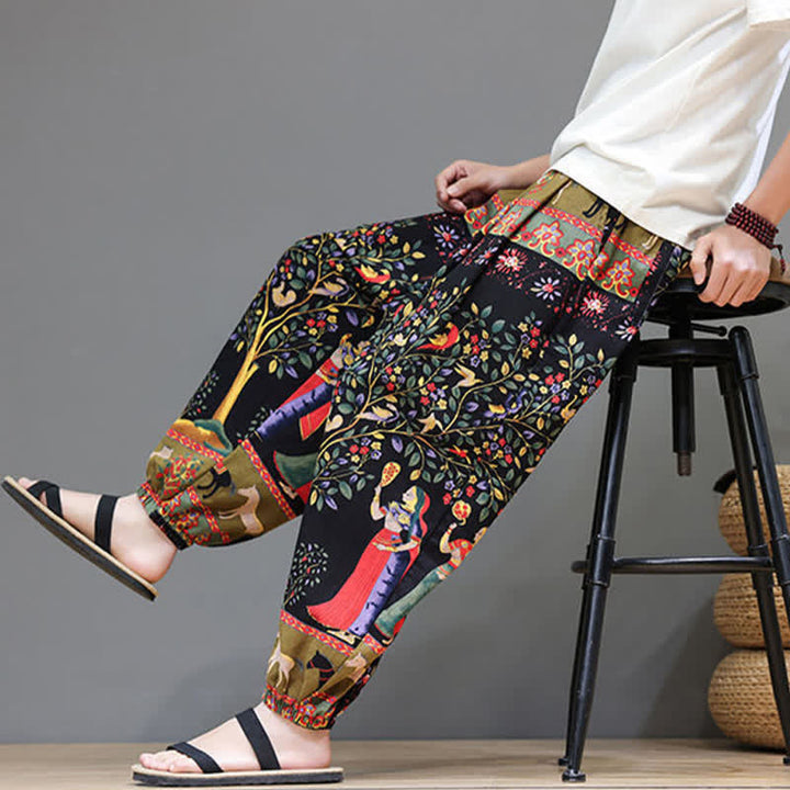 Buddha Stones Lässige Sommer-Boho-Haremshose mit Kordelzug, geometrischem Elefantenblattmuster und Taschen für Herren - image 37