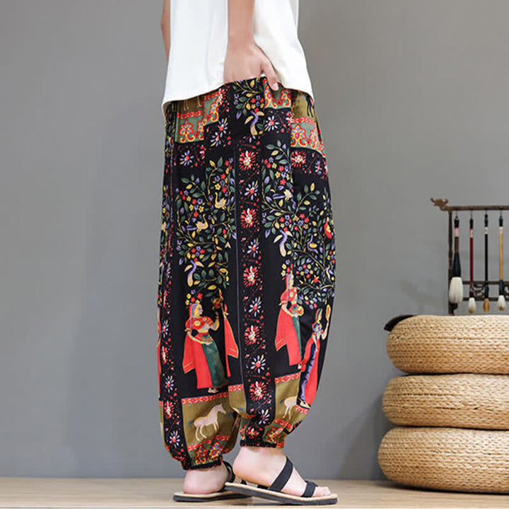 Buddha Stones Lässige Sommer-Boho-Haremshose mit Kordelzug, geometrischem Elefantenblattmuster und Taschen für Herren - image 33