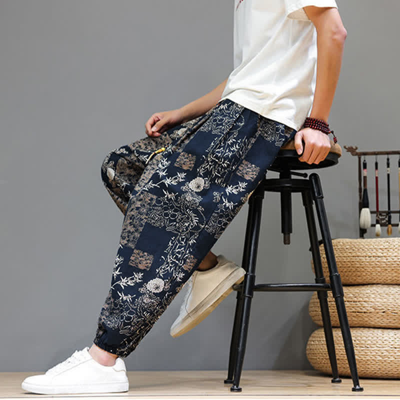 Buddha Stones Lässige Sommer-Boho-Haremshose mit Kordelzug, geometrischem Elefantenblattmuster und Taschen für Herren - image 17