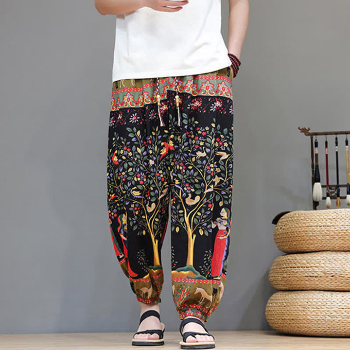 Buddha Stones Lässige Sommer-Boho-Haremshose mit Kordelzug, geometrischem Elefantenblattmuster und Taschen für Herren - image 32