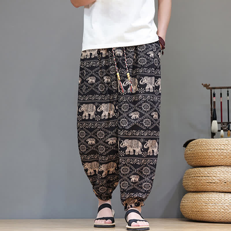 Buddha Stones Lässige Sommer-Boho-Haremshose mit Kordelzug, geometrischem Elefantenblattmuster und Taschen für Herren - image 25