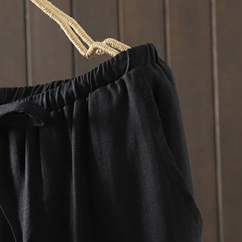 Buddha Stones Lässige, minimalistische Sommer-Ankle-Hose aus Baumwoll-Leinen-Mischgewebe mit Kordelzug, geradem Bein und Tasche - image 17