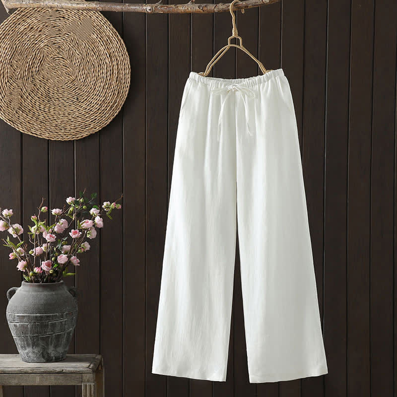 Buddha Stones Lässige, minimalistische Sommer-Ankle-Hose aus Baumwoll-Leinen-Mischgewebe mit Kordelzug, geradem Bein und Tasche - Weiß - US8-10, UK/AU12-14, EU40-42 (2XL) - image 5