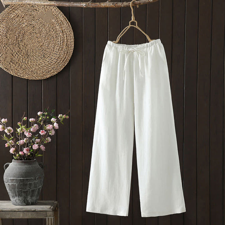 Buddha Stones Lässige, minimalistische Sommer-Ankle-Hose aus Baumwoll-Leinen-Mischgewebe mit Kordelzug, geradem Bein und Tasche - Weiß - US8-10, UK/AU12-14, EU40-42 (2XL) - image 5