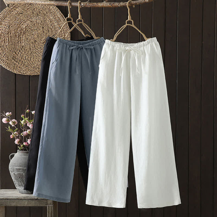 Buddha Stones Lässige, minimalistische Sommer-Ankle-Hose aus Baumwoll-Leinen-Mischgewebe mit Kordelzug, geradem Bein und Tasche - image 20