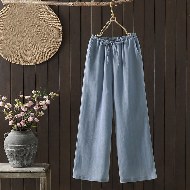Buddha Stones Lässige, minimalistische Sommer-Ankle-Hose aus Baumwoll-Leinen-Mischgewebe mit Kordelzug, geradem Bein und Tasche - Hellblau - US8-10, UK/AU12-14, EU40-42 (2XL) - image 0