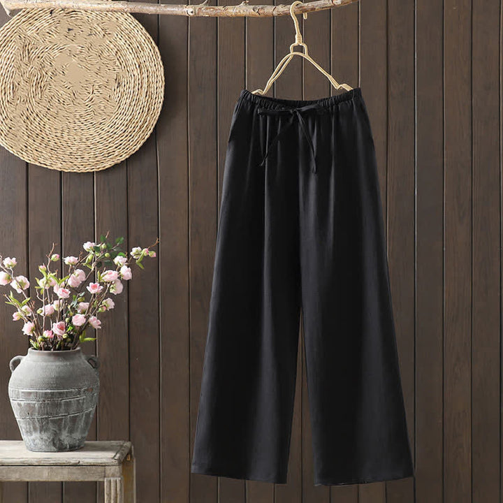 Buddha Stones Lässige, minimalistische Sommer-Ankle-Hose aus Baumwoll-Leinen-Mischgewebe mit Kordelzug, geradem Bein und Tasche - Schwarz - US8-10, UK/AU12-14, EU40-42 (2XL) - image 15