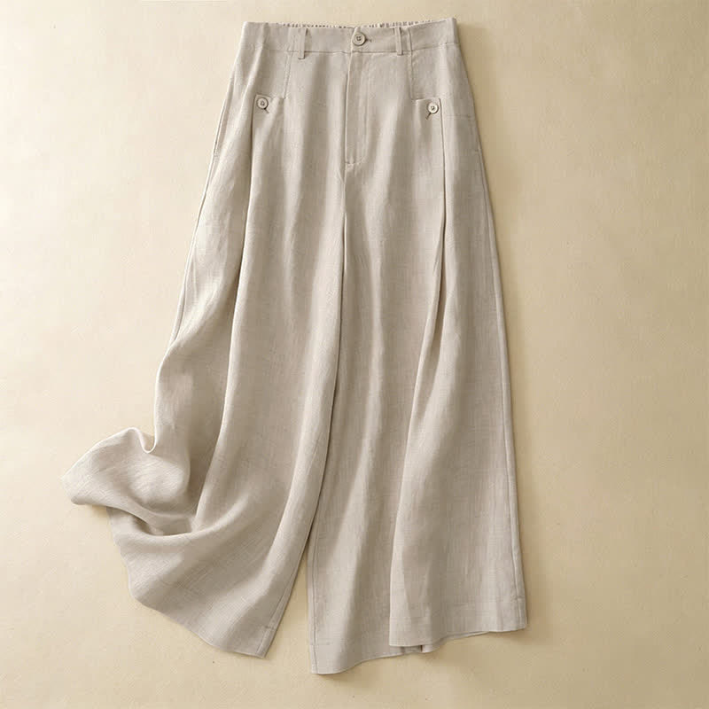 Buddha Stones Sommerliche, lässig-elegante Knopfleiste, einfarbige Baumwoll-Ramie-Ankle-Pants, Damen-Weitbeinhose mit Tasche - Beige - US8-10, UK/AU12-14, EU40-42 (2XL) - image 0