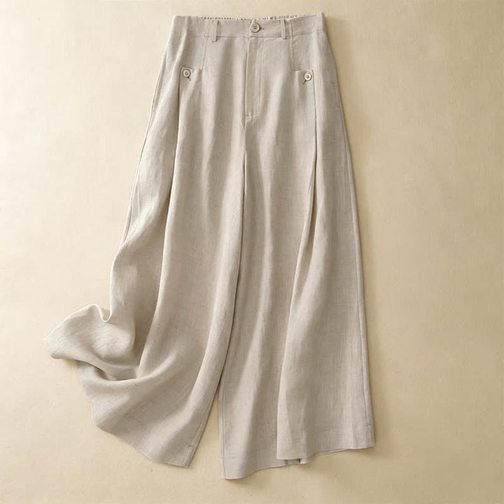 Buddha Stones Sommerliche, lässig-elegante Knopfleiste, einfarbige Baumwoll-Ramie-Ankle-Pants, Damen-Weitbeinhose mit Tasche - Beige - US8-10, UK/AU12-14, EU40-42 (2XL) - image 0
