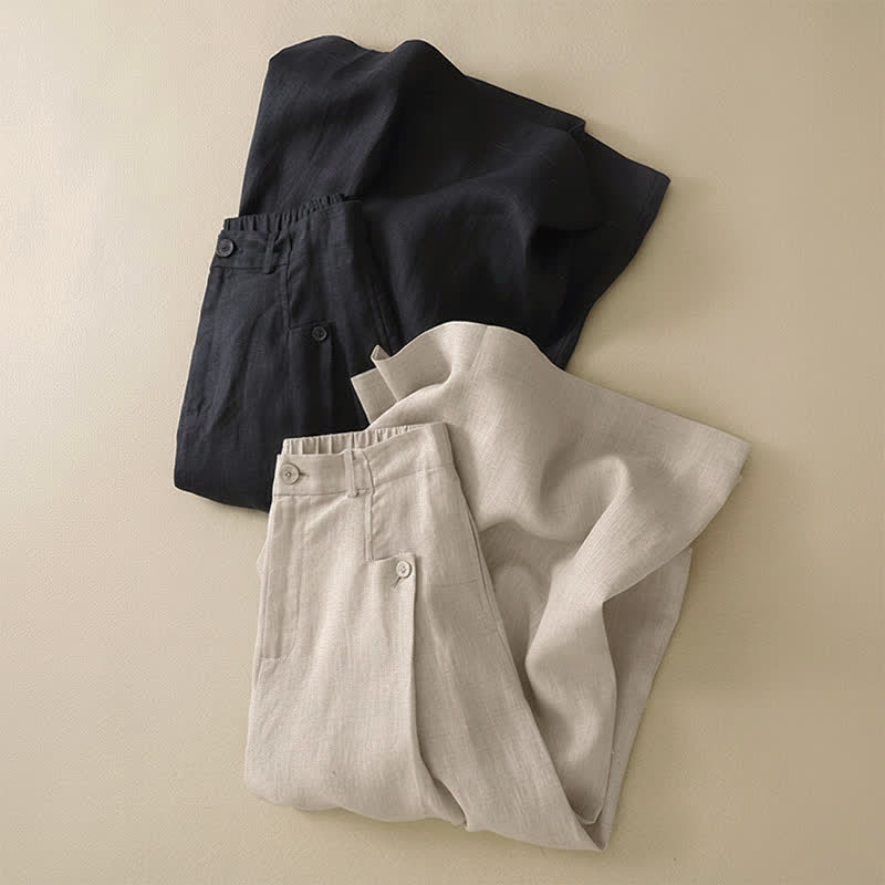 Buddha Stones Sommerliche, lässig-elegante Knopfleiste, einfarbige Baumwoll-Ramie-Ankle-Pants, Damen-Weitbeinhose mit Tasche - image 11