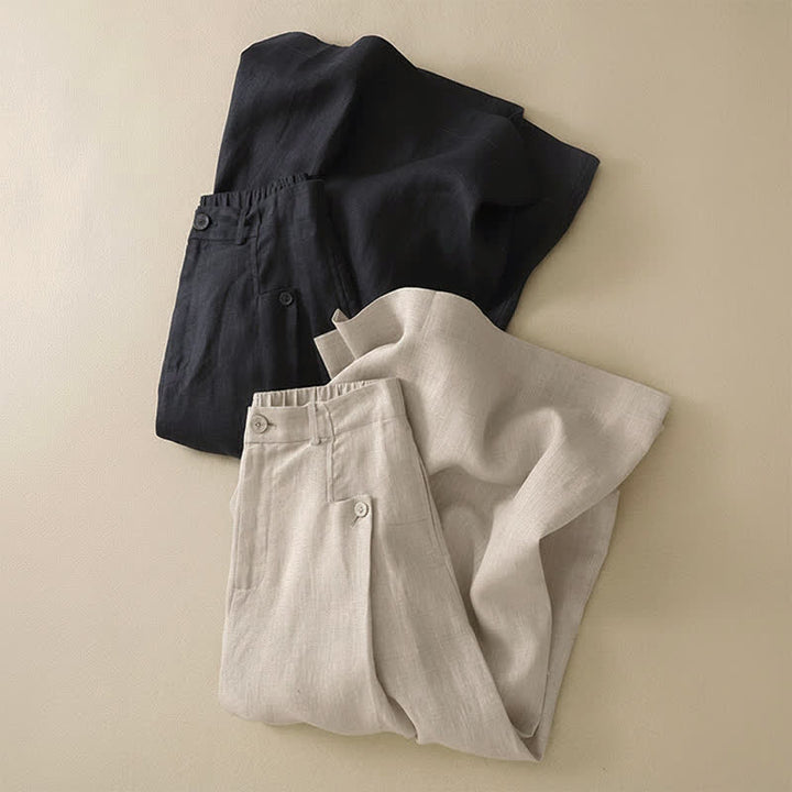 Buddha Stones Sommerliche, lässig-elegante Knopfleiste, einfarbige Baumwoll-Ramie-Ankle-Pants, Damen-Weitbeinhose mit Tasche - image 11