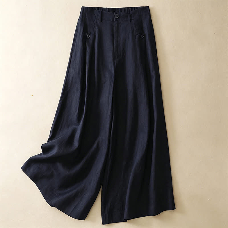 Buddha Stones Sommerliche, lässig-elegante Knopfleiste, einfarbige Baumwoll-Ramie-Ankle-Pants, Damen-Weitbeinhose mit Tasche - Mitternachtsblau - US8-10, UK/AU12-14, EU40-42 (2XL) - image 7
