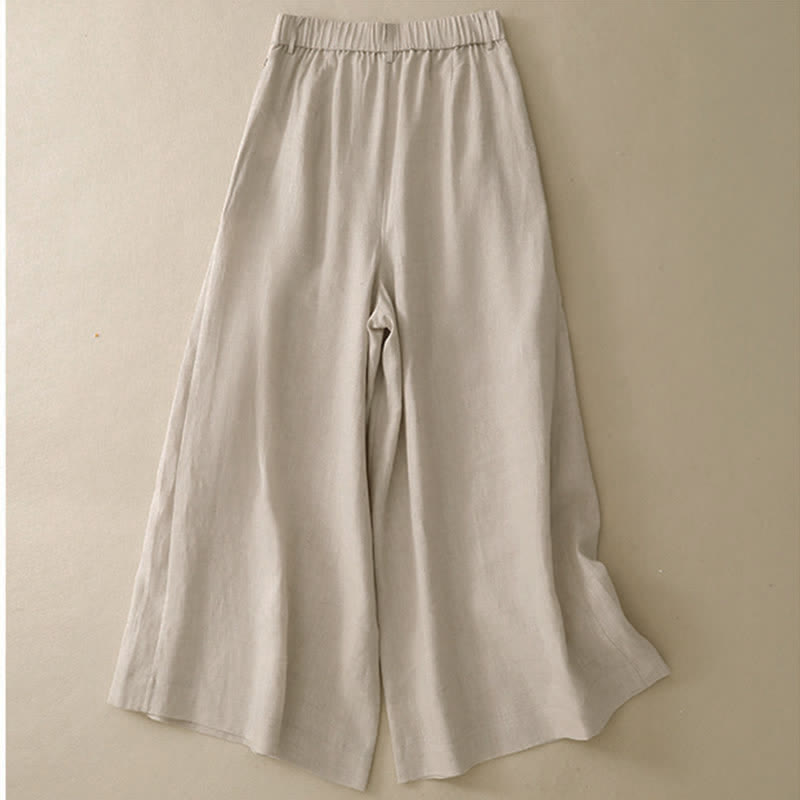 Buddha Stones Sommerliche, lässig-elegante Knopfleiste, einfarbige Baumwoll-Ramie-Ankle-Pants, Damen-Weitbeinhose mit Tasche - image 1