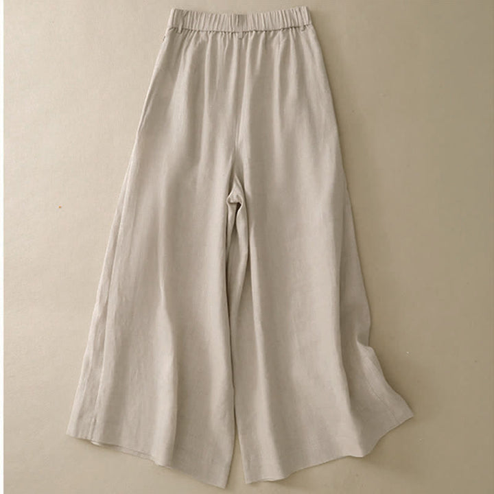 Buddha Stones Sommerliche, lässig-elegante Knopfleiste, einfarbige Baumwoll-Ramie-Ankle-Pants, Damen-Weitbeinhose mit Tasche - image 1