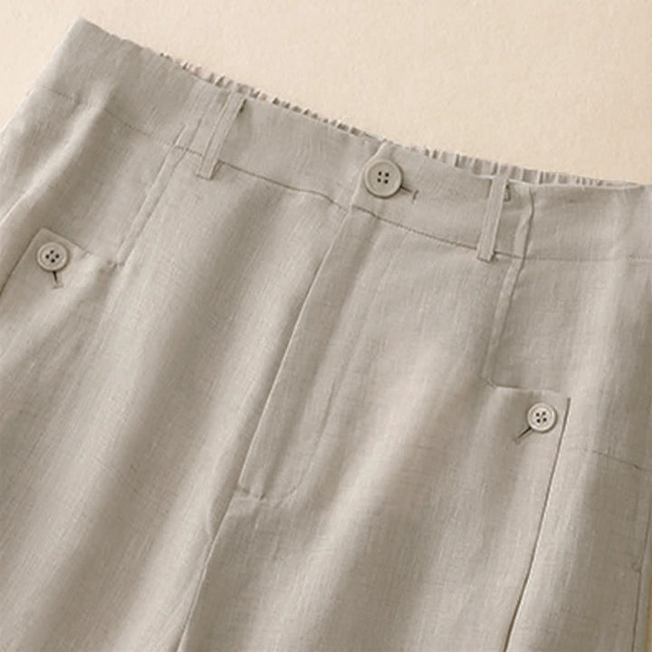 Buddha Stones Sommerliche, lässig-elegante Knopfleiste, einfarbige Baumwoll-Ramie-Ankle-Pants, Damen-Weitbeinhose mit Tasche - image 2