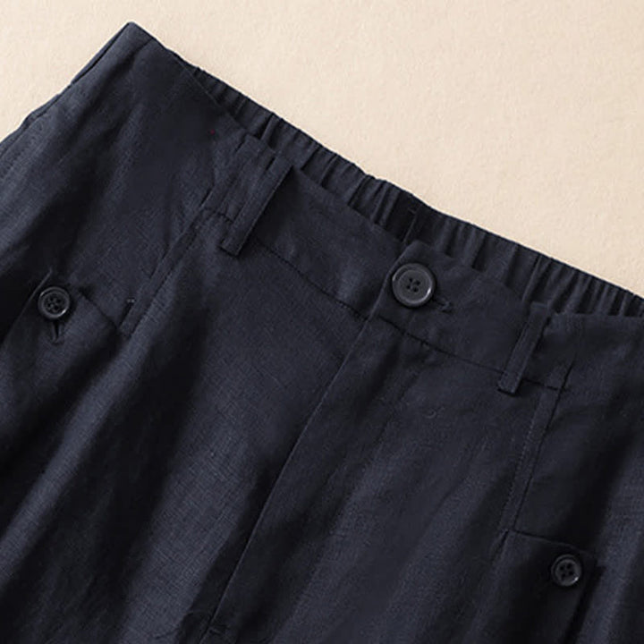 Buddha Stones Sommerliche, lässig-elegante Knopfleiste, einfarbige Baumwoll-Ramie-Ankle-Pants, Damen-Weitbeinhose mit Tasche - image 8