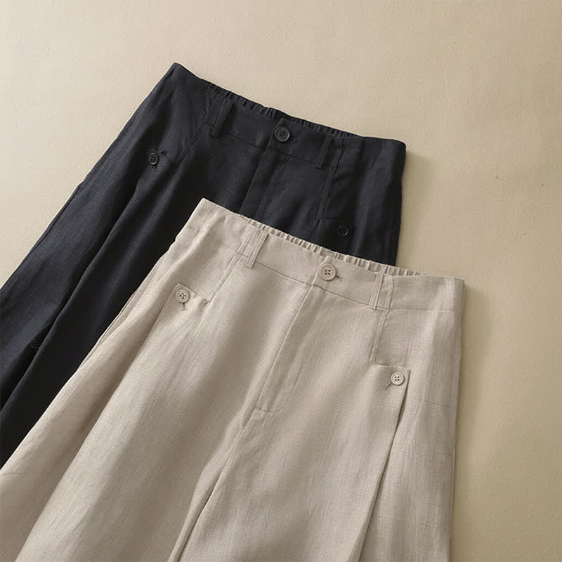 Buddha Stones Sommerliche, lässig-elegante Knopfleiste, einfarbige Baumwoll-Ramie-Ankle-Pants, Damen-Weitbeinhose mit Tasche - image 12