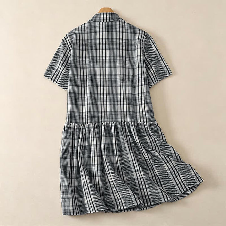 Buddha Stones Sommerliches, lässiges Vintage-Kleid mit Knopfleiste, kariertem Muster und kurzen Ärmeln für Damen - image 1