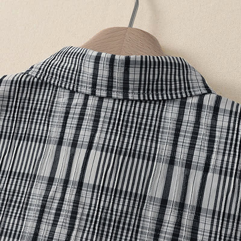 Buddha Stones Sommerliches, lässiges Vintage-Kleid mit Knopfleiste, kariertem Muster und kurzen Ärmeln für Damen - image 3