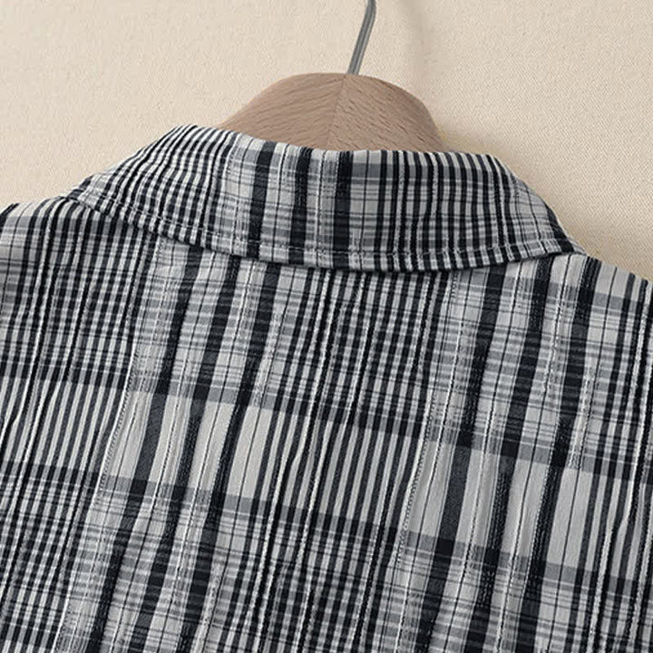 Buddha Stones Sommerliches, lässiges Vintage-Kleid mit Knopfleiste, kariertem Muster und kurzen Ärmeln für Damen - image 3