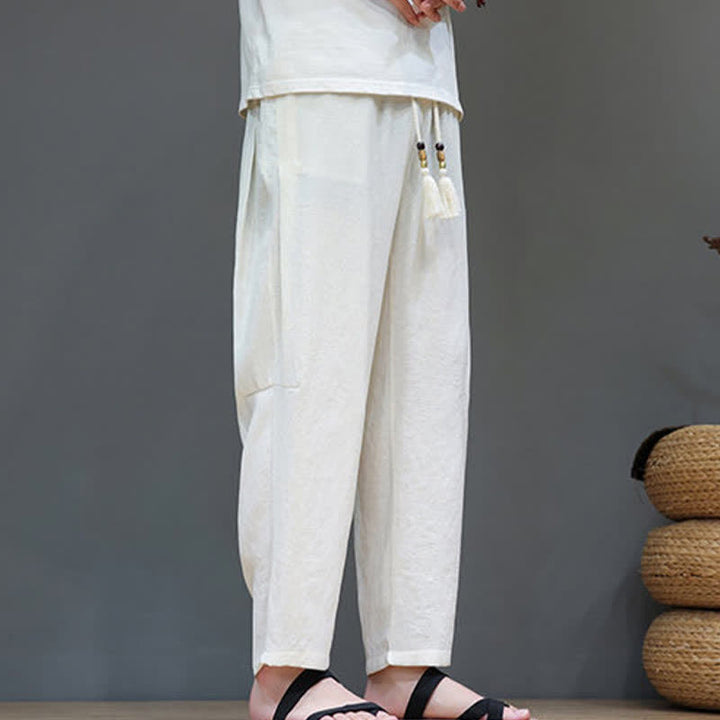 Buddha Stones Sommer-Freizeithose im minimalistischen Stil mit Kordelzug, einfarbig, knöchelhoch, gerades Bein, mit Tasche - FloralWeiß - US/UK/AU46, EU56 (5XL) - image 9