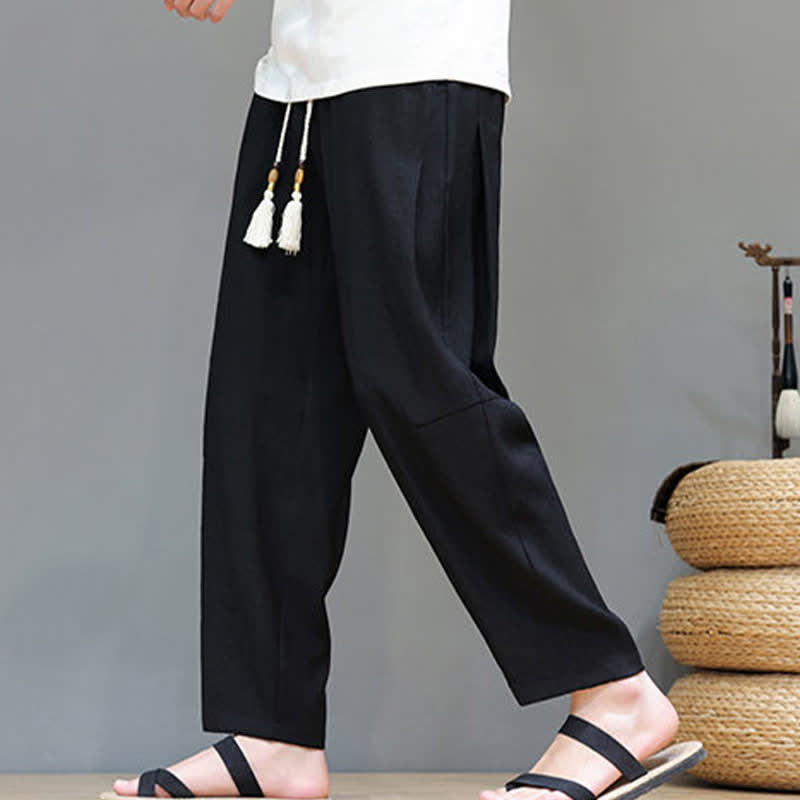 Buddha Stones Sommer-Freizeithose im minimalistischen Stil mit Kordelzug, einfarbig, knöchelhoch, gerades Bein, mit Tasche - Schwarz - US/UK/AU46, EU56 (5XL) - image 20