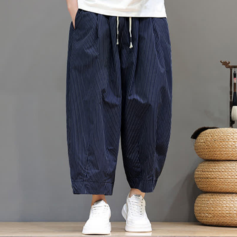 Buddha Stones Sommer-Freizeit-Caprihose mit Kordelzug und Streifenmuster, Herren-Haremshose mit Tasche - image 2