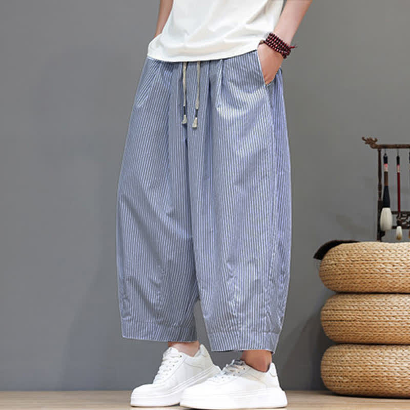 Buddha Stones Sommer-Freizeit-Caprihose mit Kordelzug und Streifenmuster, Herren-Haremshose mit Tasche - image 15