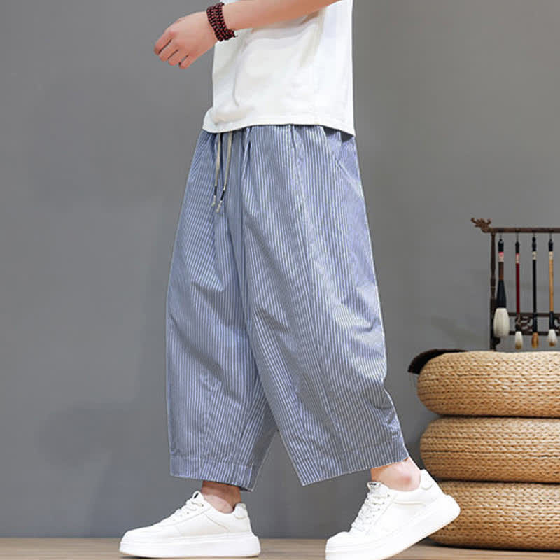 Buddha Stones Sommer-Freizeit-Caprihose mit Kordelzug und Streifenmuster, Herren-Haremshose mit Tasche - image 18