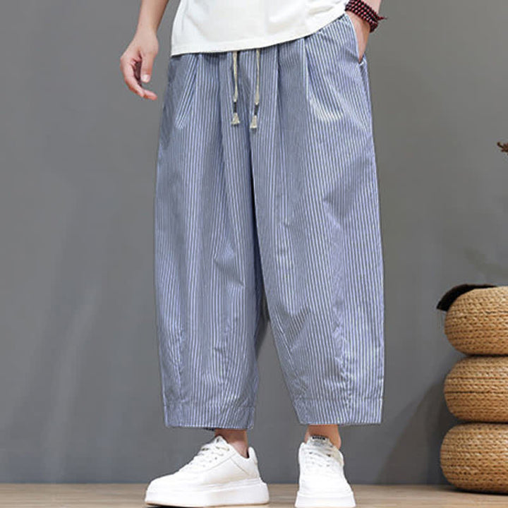 Buddha Stones Sommer-Freizeit-Caprihose mit Kordelzug und Streifenmuster, Herren-Haremshose mit Tasche - image 19