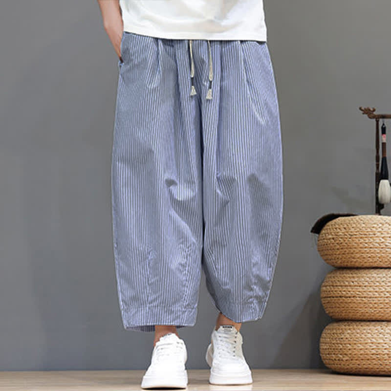Buddha Stones Sommer-Freizeit-Caprihose mit Kordelzug und Streifenmuster, Herren-Haremshose mit Tasche - image 12