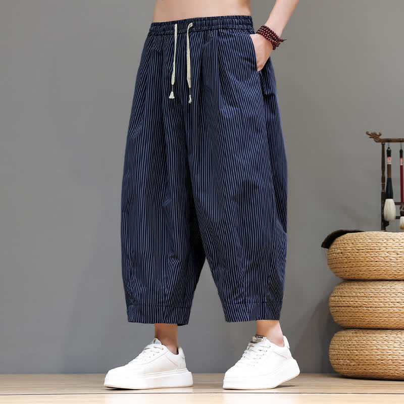 Buddha Stones Sommer-Freizeit-Caprihose mit Kordelzug und Streifenmuster, Herren-Haremshose mit Tasche - image 1