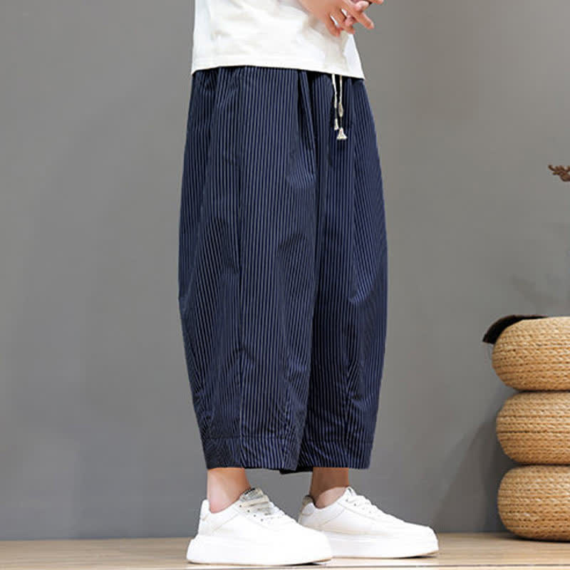 Buddha Stones Sommer-Freizeit-Caprihose mit Kordelzug und Streifenmuster, Herren-Haremshose mit Tasche - image 5