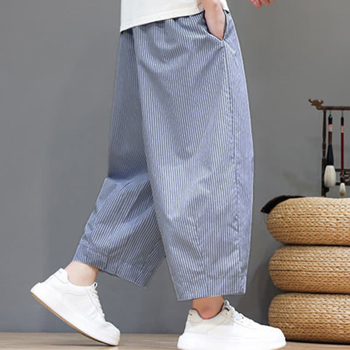 Buddha Stones Sommer-Freizeit-Caprihose mit Kordelzug und Streifenmuster, Herren-Haremshose mit Tasche - image 16