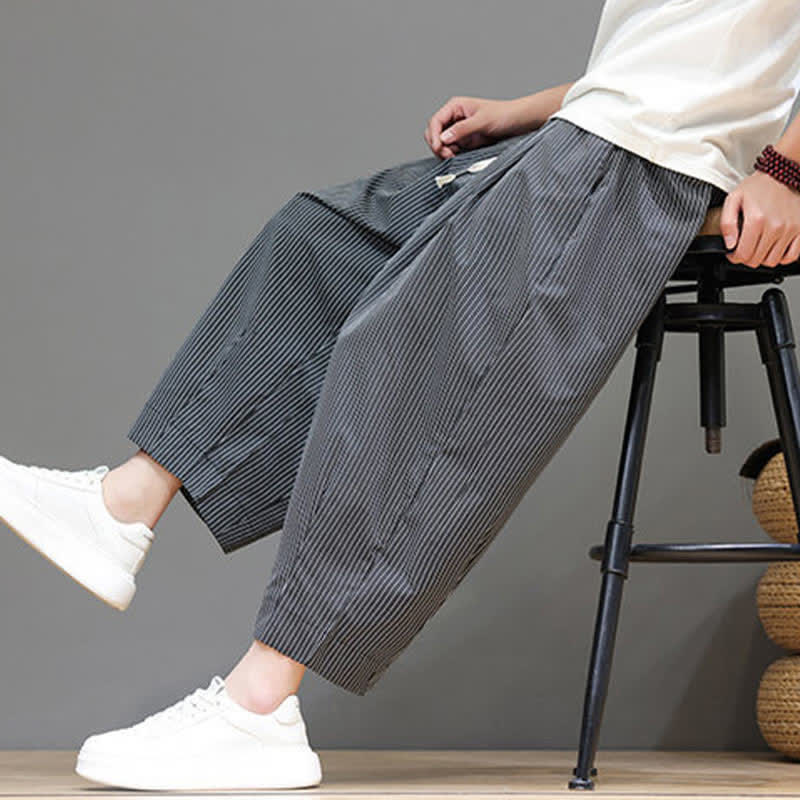 Buddha Stones Sommer-Freizeit-Caprihose mit Kordelzug und Streifenmuster, Herren-Haremshose mit Tasche - Grau - US/UK/AU46, EU56 (5XL) - image 33