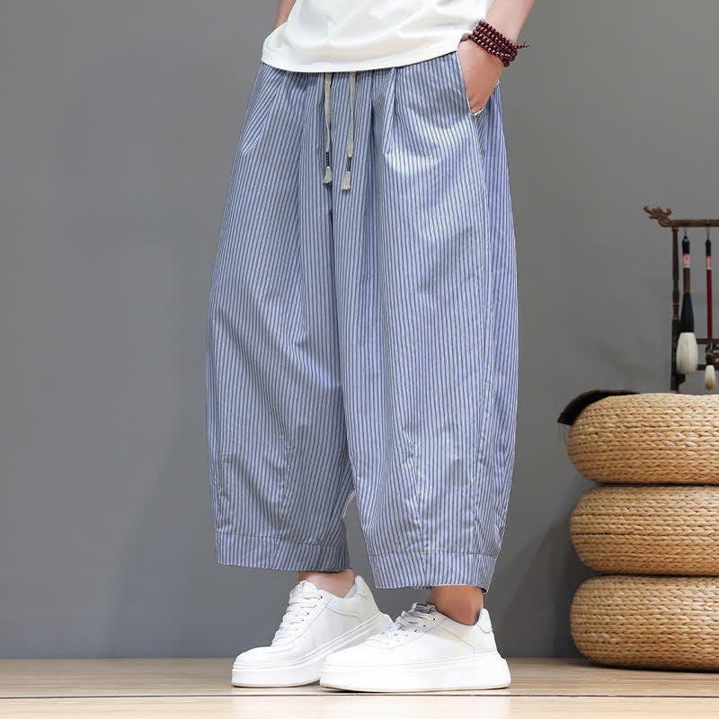 Buddha Stones Sommer-Freizeit-Caprihose mit Kordelzug und Streifenmuster, Herren-Haremshose mit Tasche - image 13