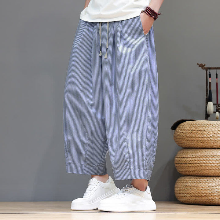 Buddha Stones Sommer-Freizeit-Caprihose mit Kordelzug und Streifenmuster, Herren-Haremshose mit Tasche - image 13