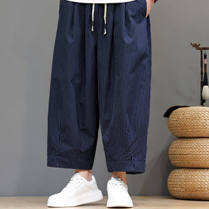 Buddha Stones Sommer-Freizeit-Caprihose mit Kordelzug und Streifenmuster, Herren-Haremshose mit Tasche - image 6