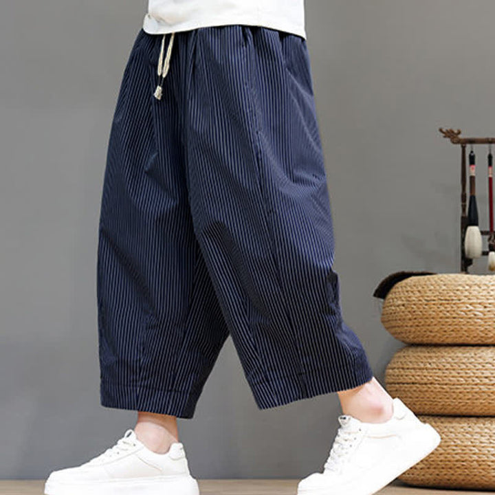 Buddha Stones Sommer-Freizeit-Caprihose mit Kordelzug und Streifenmuster, Herren-Haremshose mit Tasche - image 3