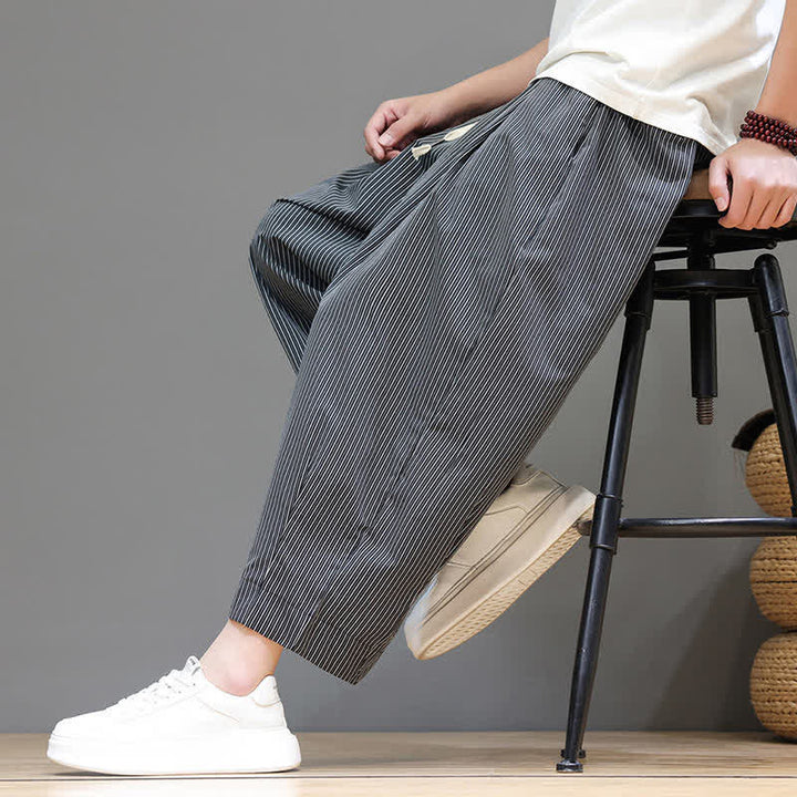 Buddha Stones Sommer-Freizeit-Caprihose mit Kordelzug und Streifenmuster, Herren-Haremshose mit Tasche - image 34