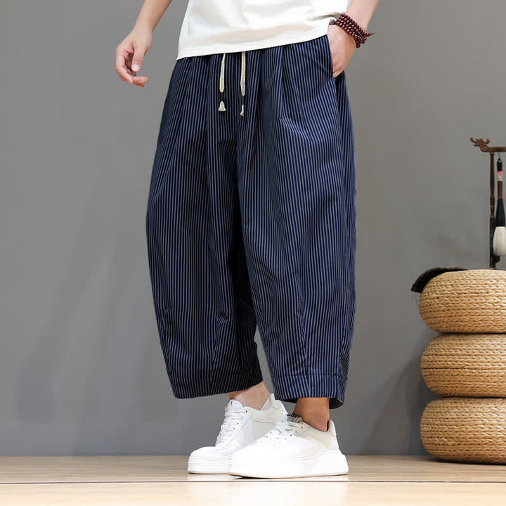 Buddha Stones Sommer-Freizeit-Caprihose mit Kordelzug und Streifenmuster, Herren-Haremshose mit Tasche - image 8