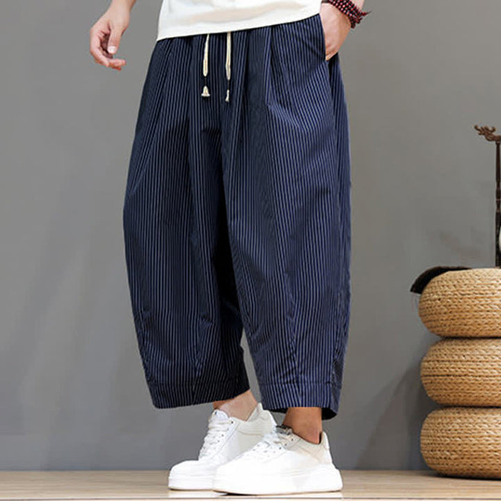 Buddha Stones Sommer-Freizeit-Caprihose mit Kordelzug und Streifenmuster, Herren-Haremshose mit Tasche - image 4
