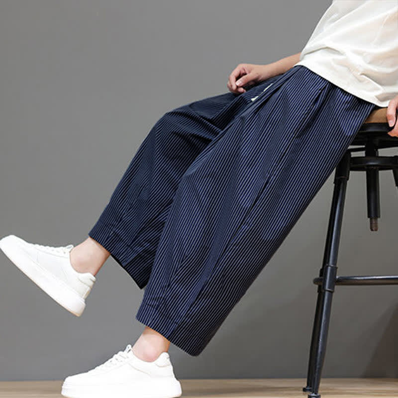 Buddha Stones Sommer-Freizeit-Caprihose mit Kordelzug und Streifenmuster, Herren-Haremshose mit Tasche - Dunkelschieferblau - US/UK/AU46, EU56 (5XL) - image 0