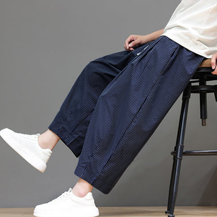 Buddha Stones Sommer-Freizeit-Caprihose mit Kordelzug und Streifenmuster, Herren-Haremshose mit Tasche - Dunkelschieferblau - US/UK/AU46, EU56 (5XL) - image 0
